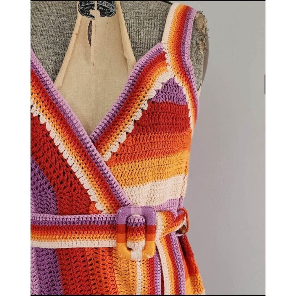 Farm Rio X Anthropologie Crochet Mini Dress Knit Belted Wrapdress Size L NWT